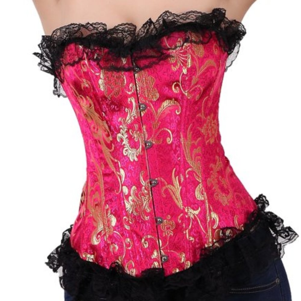 Hot Pink Satin/Black Lace Corset with G String Set